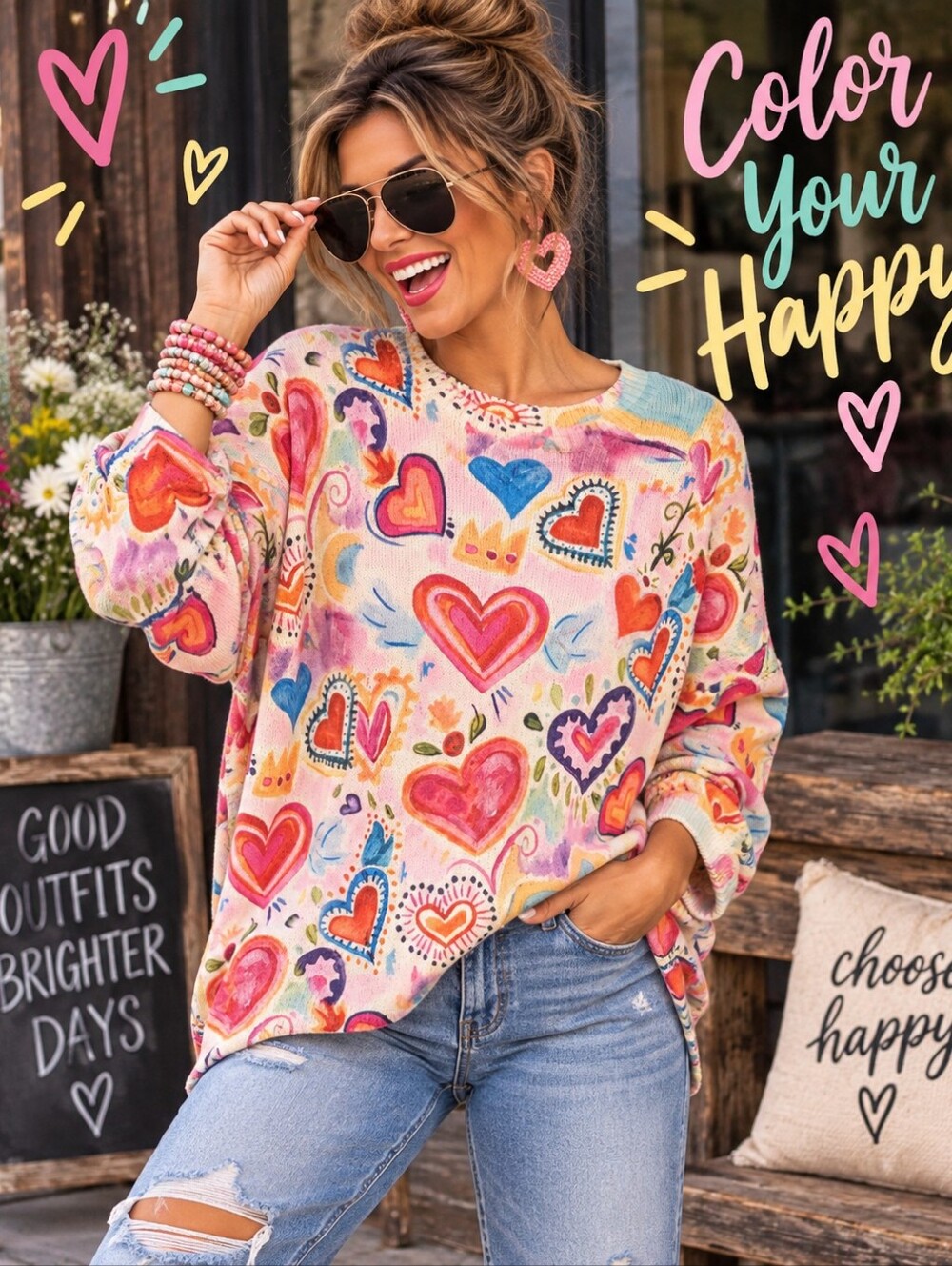 Colorful Heart Print Boho Sweater Top Pink Multicolor Artsy Whimsical, Size 2X